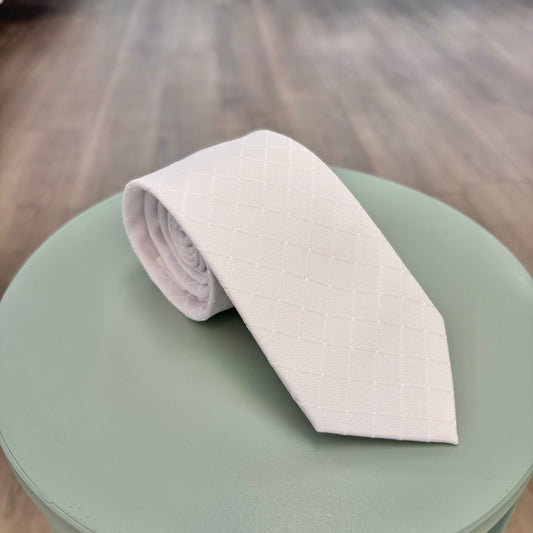 White tie with subtle square pattern.