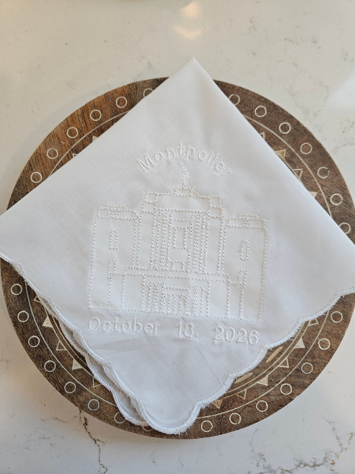 Embroidered hankie with Montpelier Idaho Temple and scalloped edge