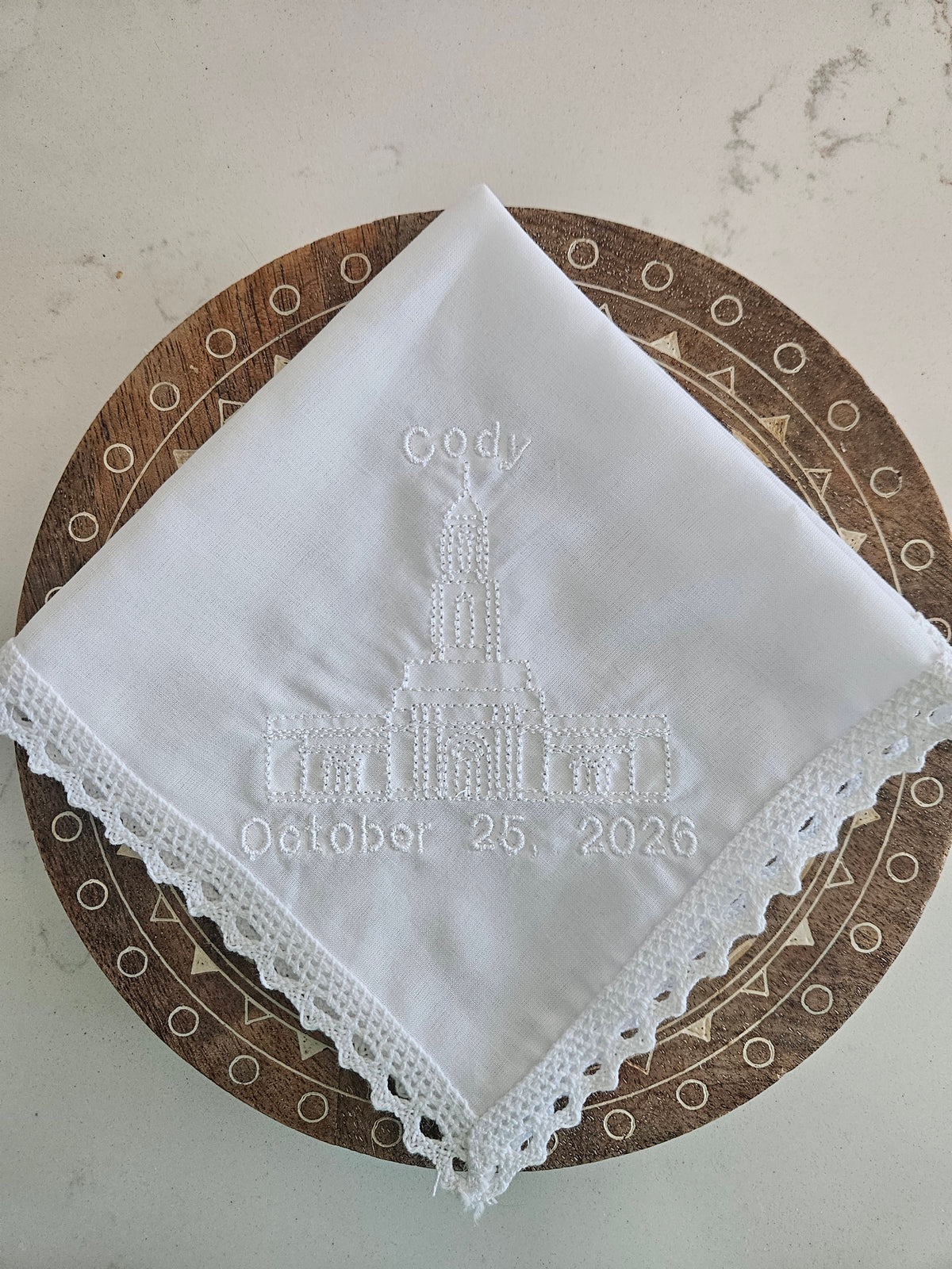 white hankie with cody wyoming lds temple embroidered
