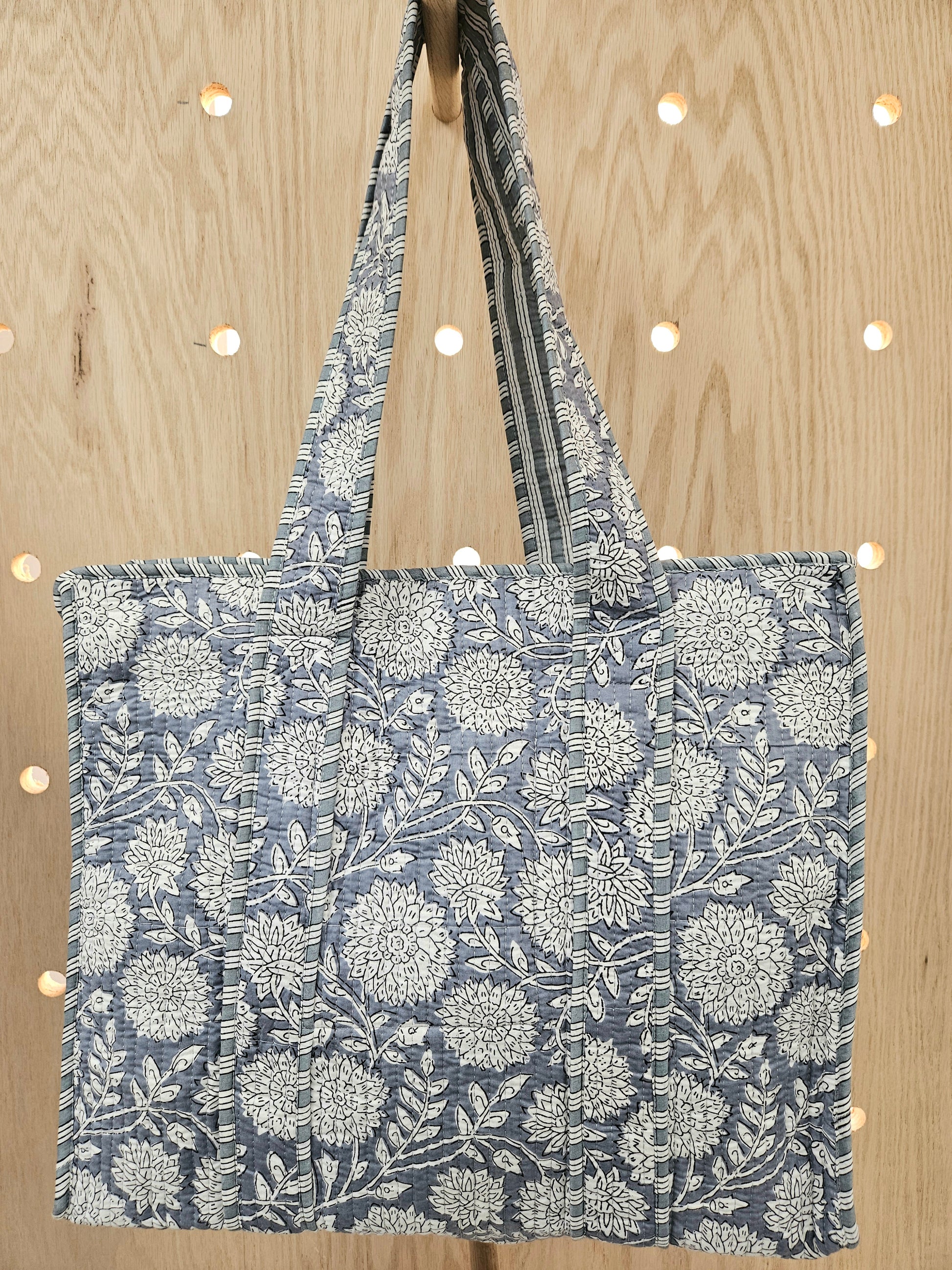 denim quilted bag hanging