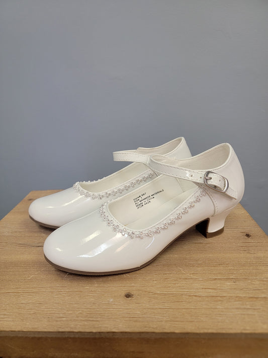 white heels for girls with strap and decorative beading