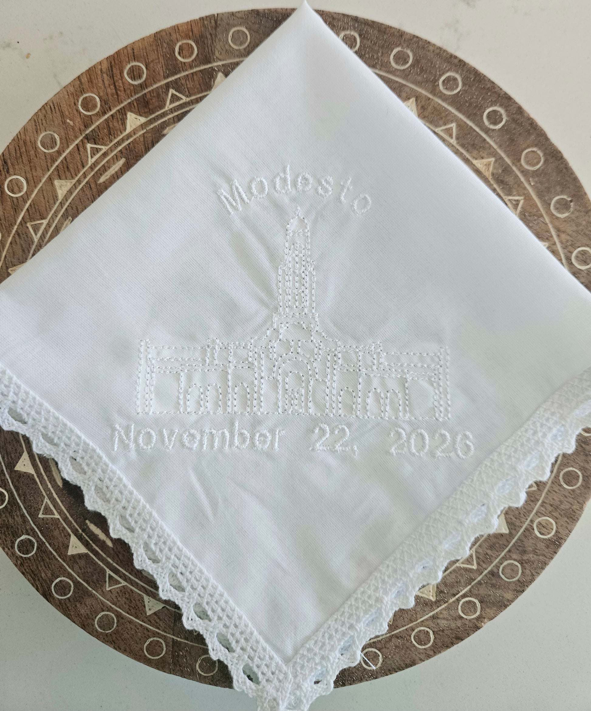white hankie with modesto lds temple embroidered